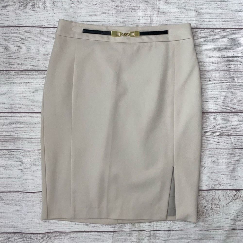 Express Beige Pencil Skirt with Black Belt Detail